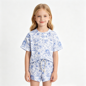 Conjunto de Ropa de Verano para Bebés Niñas, Diseño Casual con Flores Azules, 2 Piezas, Estilo Boutique, Precio de Fábrica - Product Image 1