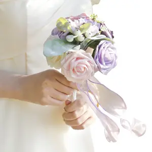 Ychon新款新娘花束塑料婚礼花人造婚礼花束人造优雅蕾丝花束