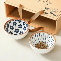 Vente en gros d'usine - Ensemble de vaisselle en porcelaine de style japonais |   Boîte cadeau de bols et d'assiettes à motifs végétaux, compatibles micro-ondes et lave-vaisselle