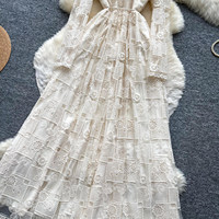 Robe longue décontractée pour femme, élégante, en dentelle brodée, à manches longues, coupe trapèze, avec cordon de serrage à la taille, pour tous les jours et les soirées