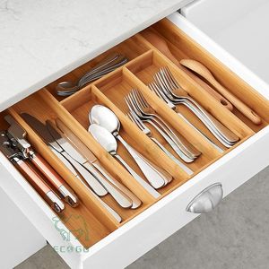 Plateau à couverts extensible en bambou, largeur réglable, organisateur de bureau pour tiroir de cuisine, écologique, multifonctionnel - Product Image 5