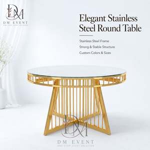 Table ronde d'événement en acier inoxydable doré avec base à tiges géométriques et plateau en verre trempé miroir, vente en gros - Product Image 1