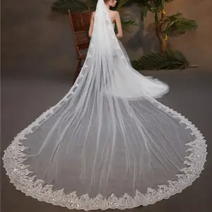 Voile de mariée cathédrale en tulle long et doux, brodé de dentelle, 100% polyester, fait main, nouveau design RESV10, faible MOQ - Product Image 1