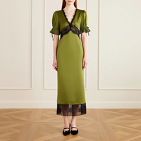 Robe midi élégante en satin vert olive sur mesure, avec bordure en dentelle noire, col en V, manches courtes bouffantes, robe de soirée pour femmes