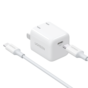 ชุดอุปกรณ์<span class=keywords><strong>ชาร์จ</strong></span>เร็ว <span class=keywords><strong>UGREEN</strong></span> 20W USB C สำหรับ <span class=keywords><strong>iPhone</strong></span>, ชุดอุปกรณ์<span class=keywords><strong>ชาร์จ</strong></span>เร็วแบบพับได้ขนาดเล็ก พร้อมสาย<span class=keywords><strong>ชาร์จ</strong></span> USB C to Lightning - Product Image 1