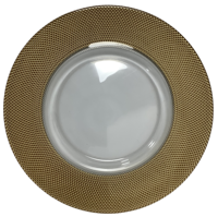 Assiette de présentation ronde en verre avec bord texturé doré, assiette de table de luxe pour mariage, restaurant et décoration de table de fête, vente en gros