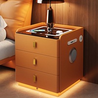 Table de chevet moderne de luxe en bois avec haut-parleurs à chargement sans fil LED, 3 tiroirs, meuble flottant en cuir noir pour chambre à coucher