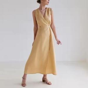 Vestido de Lino Beige Sólido al por Mayor para Mujer, con Logotipo Personalizado, Sin Mangas, Estilo Casual, Largo Maxi, para Primavera, Tejido de Alta Calidad - Product Image 4