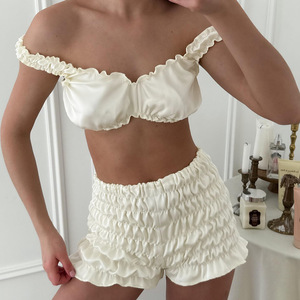 Conjunto de Pijama Sexy de Primavera-Verano 2026, Chaleco y Pantalones Cortos de Seda Sintética con Volantes - Product Image 1