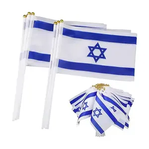 Grosir kustom 14*21cm bendera gelombang tangan Israel dengan tiang plastik kayu bendera nasional Israel untuk promosi