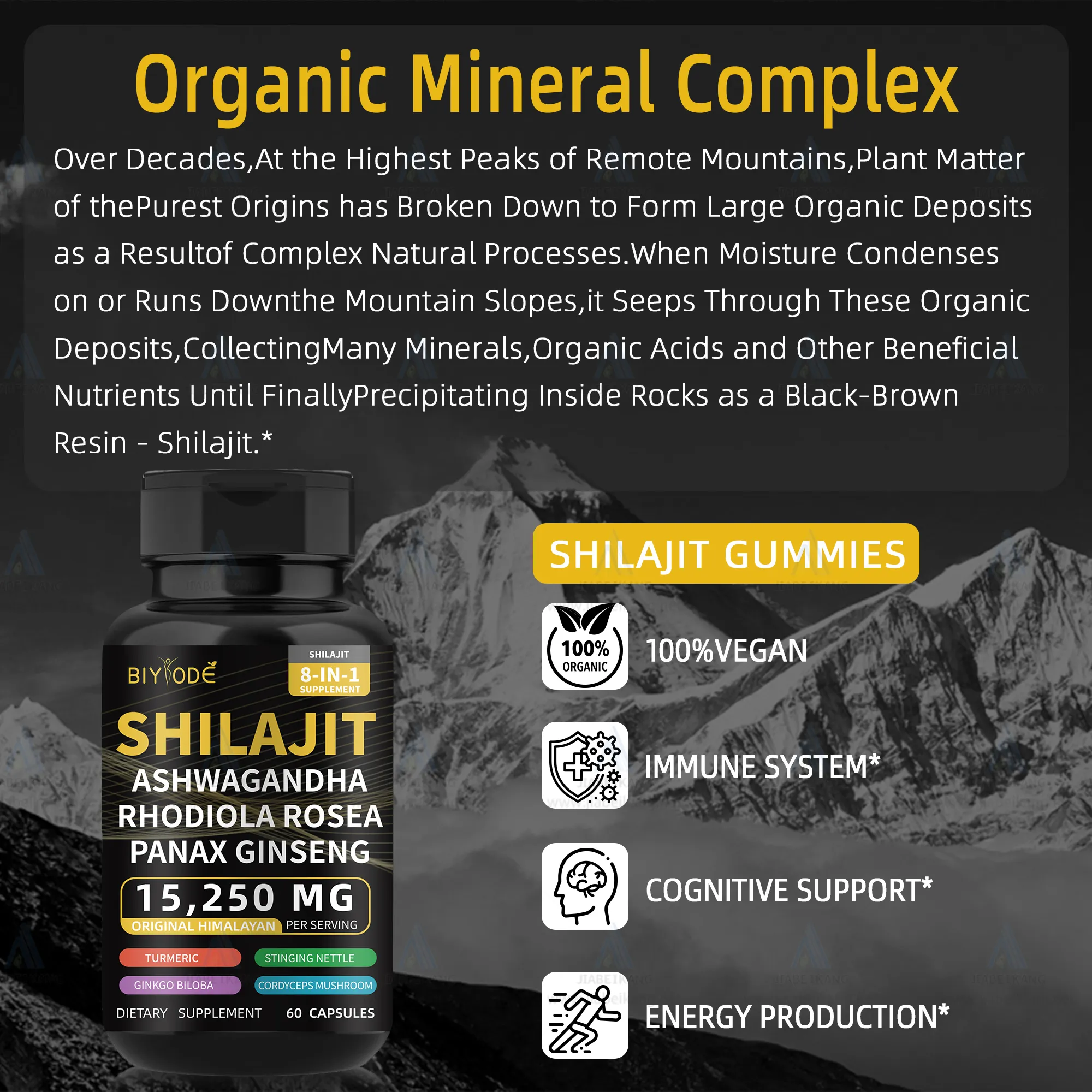 Nouvelle bonne formule prête capsules de shilajit himalayen pur avec ashwagandha ginseng soins de santé vitamine 8 en 1 supplément anti-âge