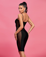 Vestido de Noche Sexy para Mujer, Estilo Bodycon, Cintura Imperio, con Encaje, Cristales y Parches, Color Negro, Cuello Halter, Largo hasta la Rodilla