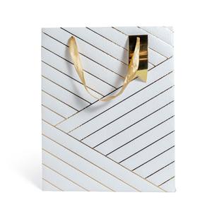 SAC EN PAPIER À RAYURES BLANC/OR 25X25CM H 31CM - Product Image 1