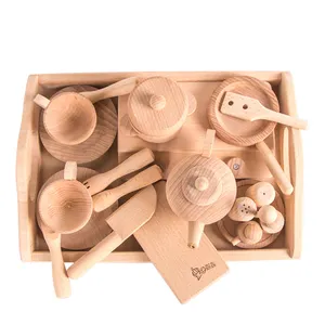 Factory direct wholesale Kids Kitchen Set Toy Wooden Pretend Play Natural Wood Tableware Set Toys Wooden Western Tableware