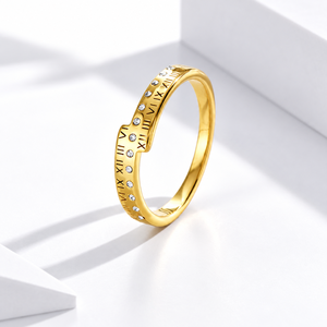 Bague en acier inoxydable doré avec zircon, plaqué or 14 carats sous vide, chiffres romains, bande fine fixe - Product Image 1