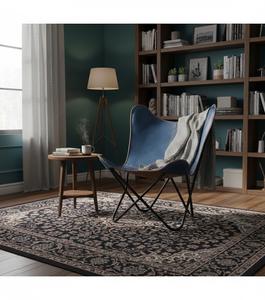 Navy Blue Genuine Leather Foldable Butterfly Chair with Black Metal Frame Modern Lounge <b>Seating</b> Living Room Hotel Cafe - Product Image 3