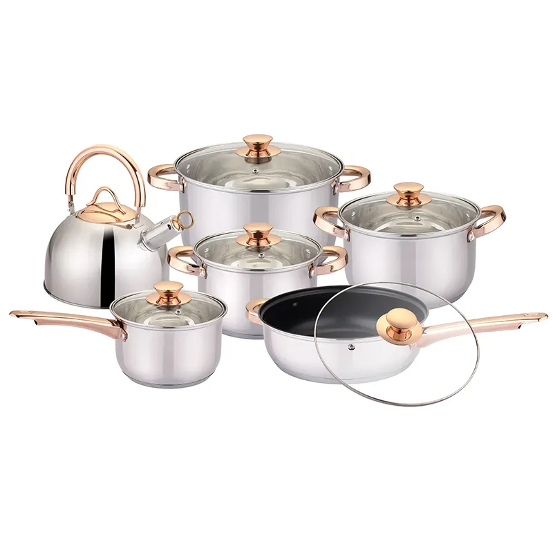 De vidrio de oro Camping Cook cerámica olla de acero inoxidable personalizado juego de utensilios de cocina de acero inoxidable