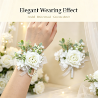Boutonniere Bunga Mawar Putih Real Touch Berhias Mutiara dan Daun Hijau, Pita Satin, Ikat Tangan, untuk Pengiring Pria (Groomsmen) di Pesta Pernikahan