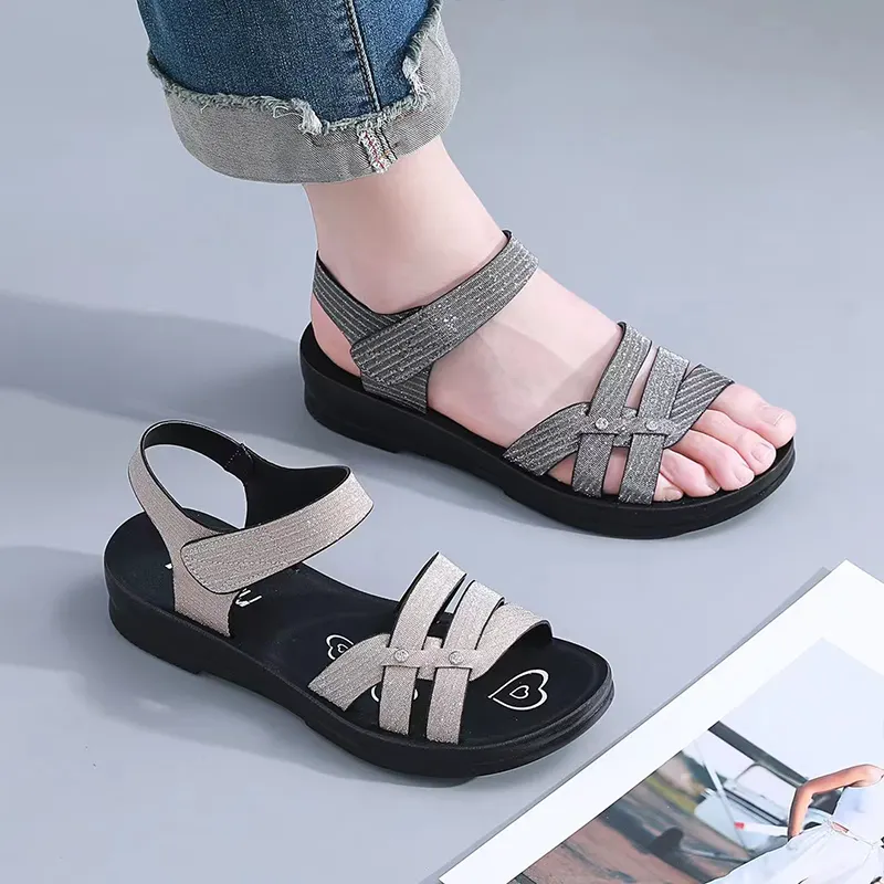 Nouvelles sandales compensées d'été imperméables pour femmes, sandales en cuir pour femmes, grande taille, mode de marche pour femmes F252