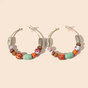 New vintage fashion hoop round wooden bead ceramic beaded earrings for women