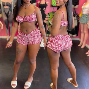 K6400-wholesale <span class=keywords><strong>abbigliamento</strong></span> Boutique donna 2025 Plaid 2 pezzi Shorts Set Lounge Wear Set donna - Product Image 1