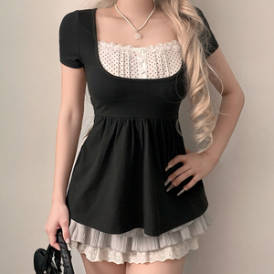 T-shirt d'été mignon pour femme, écologique, à blocs de couleur, avec nœud sur le devant, col en U, coupe ample, manches courtes, style A-line - Product Image 4