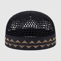Topi Kufi Rajut Hitam Mishari untuk Pria, Bernapas, Cocok untuk Musim Panas, dengan Pita Etnis Bordir Emas, Ekspor dari Bangladesh