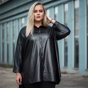 レディースプラスサイズの服特大シャツブラックレディースロングカフリンクレザートップエクストラサイズレザーレディーストップスブラウス - Product Image 1