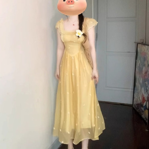 Yellow Floral Print Dress Fitted Waist <b>Square</b> Collar Breathable Splicing Leisure Casual Dress - Product Image 2