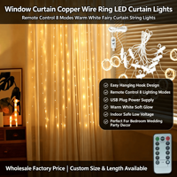 Guirlandes lumineuses LED à anneau en fil de cuivre pour rideaux intérieurs, à commande par bouton, blanc chaud, pour décoration de chambre à coucher, vente en gros