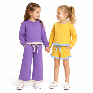 Sudadera de Moda para Niñas con Volantes en el Bajo, Cuello Acanalado y Detalle en V, Logotipo Personalizado, Patrón Personalizado, Fabricante OEM ODM - Product Image 4