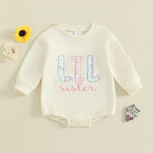 Pelele de algodón con letras <span class=keywords><strong>LIL</strong></span> SISTER y etiqueta personalizada para primavera y otoño, ropa infantil para bebés, mono de manga larga con cuello redondo para niñas pequeñas, 1 Uds. - Product Image 1