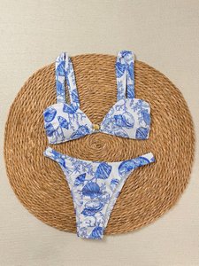 Personalizado 2026 nuevo Sexy Ribeed Floral estampado Metal Shell dos piezas Bikini Bandeau traje de baño mujeres Tanga traje de baño - Product Image 2