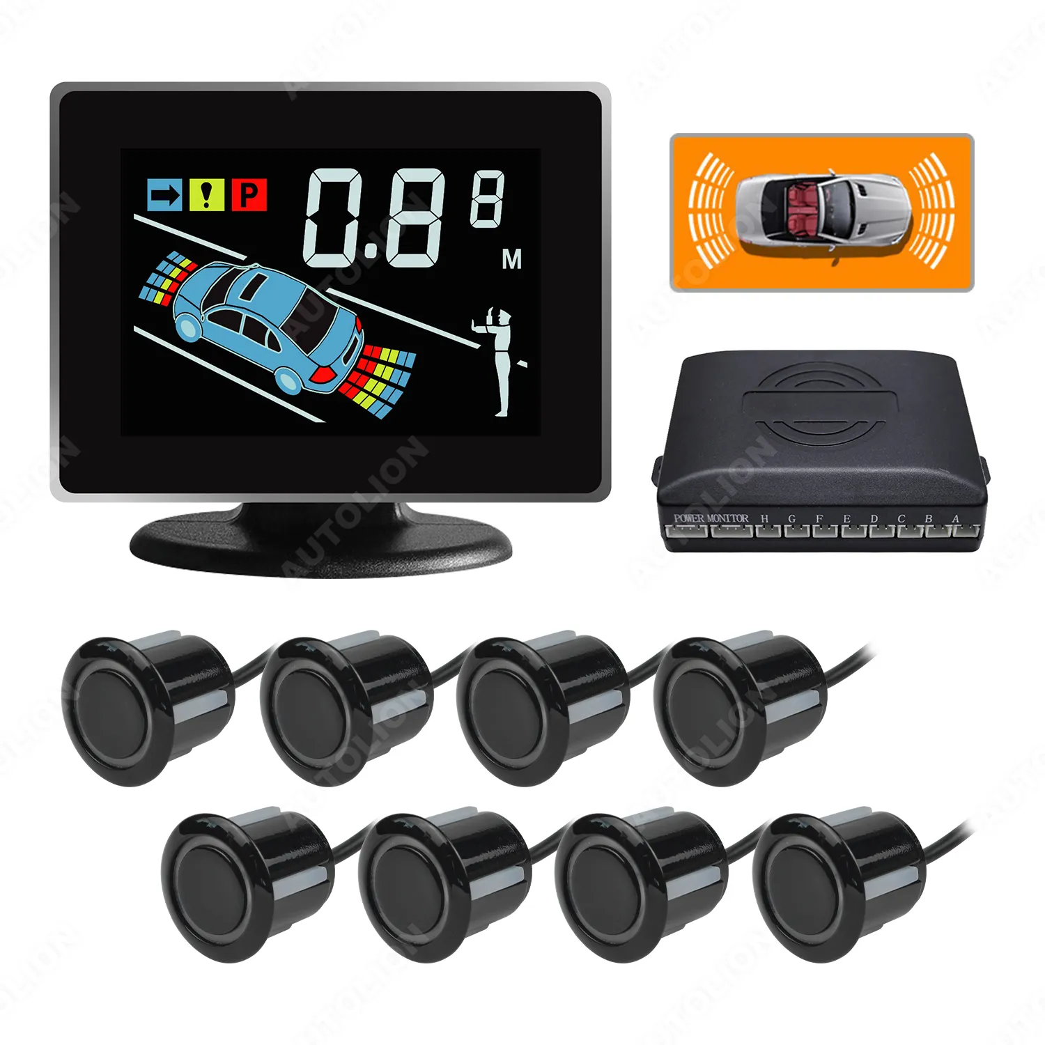 Sondas Delanteras y Traseras, Sistema de Radares de Marcha Atrás, Pantalla LCD, Sensor de Aparcamiento para Coche, Detección de Distancia, Advertencia de Sonido, 8 Unidades