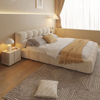 Lit King Size rembourré de style français moderne avec rangement, cadre en bois massif de luxe léger, tête de lit en tissu crème doux