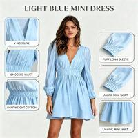 Robe Courte Décontractée pour Femme, Col en V Profond, Manches Longues, Taille Élastique, Coupe Évasée, en Coton et Fibre de Bambou Écologique – Vente en Gros