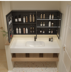 <b>Light</b> Luxury Hotel Wind Rock Board Seamless Ceramic Integrated Basin Intelligent <b>Mirror</b> Wall Hanging Bathroom Cabinet - Product Image 6