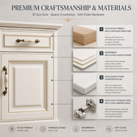 Armoire de cuisine classique sur mesure, style américain, couleur crème, avec îlot central et portes vitrées pour villa ou hôtel