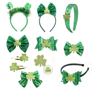 St Patricks Day Shamrock Hair Accessories Green Sequin <b>Bow</b> Headband Clover Hair <b>Clips</b> For Party Costume - Product Image 1