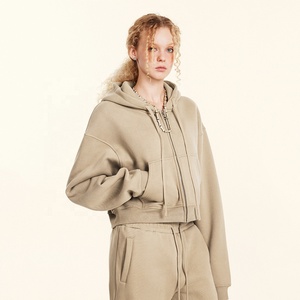 Felpa corta Vintage tinta unita <span class=keywords><strong>con</strong></span> cappuccio e cappuccio da donna oversize ampia stile Streetwear Chic da ragazza giacca Casual <span class=keywords><strong>con</strong></span> cappuccio - Product Image 1