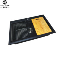 Évier de cuisine en quartz granit noir de style moderne, fait main, épaisseur 10 mm, double bac avec égouttoir