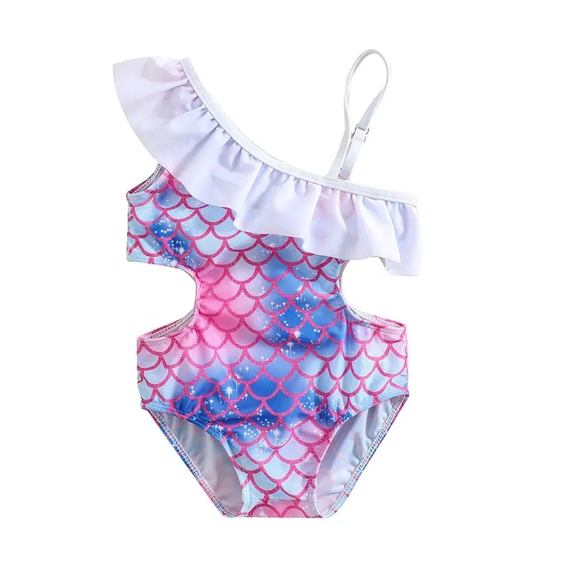 Girls One Piece Swim Dress Mermaid Print Bathing Suit One Shoulder Baby Girl Cute Pool Dreamy Sling Beach Playground Bikini