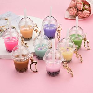 Mini tasse à thé au lait en acrylique imitation perle, remplie d'huile, avec paille, porte-clés, boucle lune, accessoires de sac, cadeau pour femme - Product Image 1