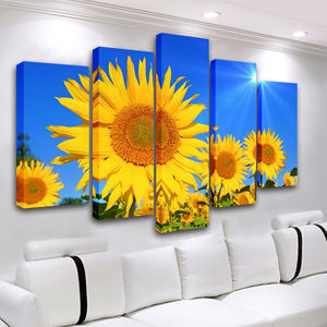 Peinture sur toile avec <span class=keywords><strong>fleurs</strong></span> de soleil et de fleur, Art mural floral, imprimés, décoration de la maison, tableau mural pour salon et chambre à coucher, 5 panneaux - Product Image 1