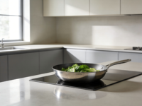 Îlot de cuisine moderne modulaire en bois avec portes en MDF et contreplaqué, finition mélaminée laquée, évier et robinet en acier inoxydable, et pied de meuble.