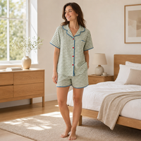Ensemble de pyjama pour femme en coton biologique 100% personnalisé, vêtements de nuit à carreaux gingham avec bordure festonnée, col cranté, manches courtes
