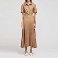 Bekleidungs hersteller Custom Spring Autumn Khaki Turn Down Neck Kurzarm Elegant Casual Women Plissee Leder kleid