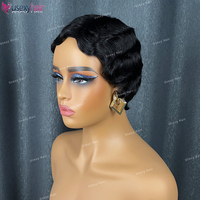 Perruque Cheveux Humains Bob Court Pixie Coupée sans Colle, Perruque Frontale sans Lace avec Frange, Noire Naturelle, Entièrement Faite à la Machine