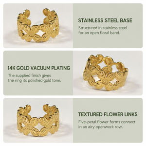 แหวนสแตนเลสสตีลลายฉลุดอกไม้ปรับขนาดได้ ชุบทอง 14K สีทองและสีเงิน เครื่องประดับรูปดอกไม้ - Product Image 2