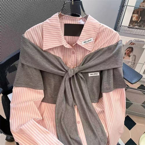 Chemise rayée <span class=keywords><strong>en</strong></span> tricot patchwork deux pièces <span class=keywords><strong>pour</strong></span> <span class=keywords><strong>femme</strong></span> - Printemps/Automne - Rose - Coupe ajustée - Style universitaire - Product Image 3
